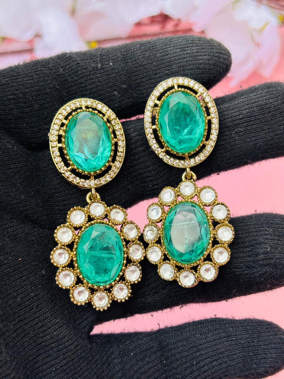 Gold Plated Oval Stone Drop Earrings - Image 4