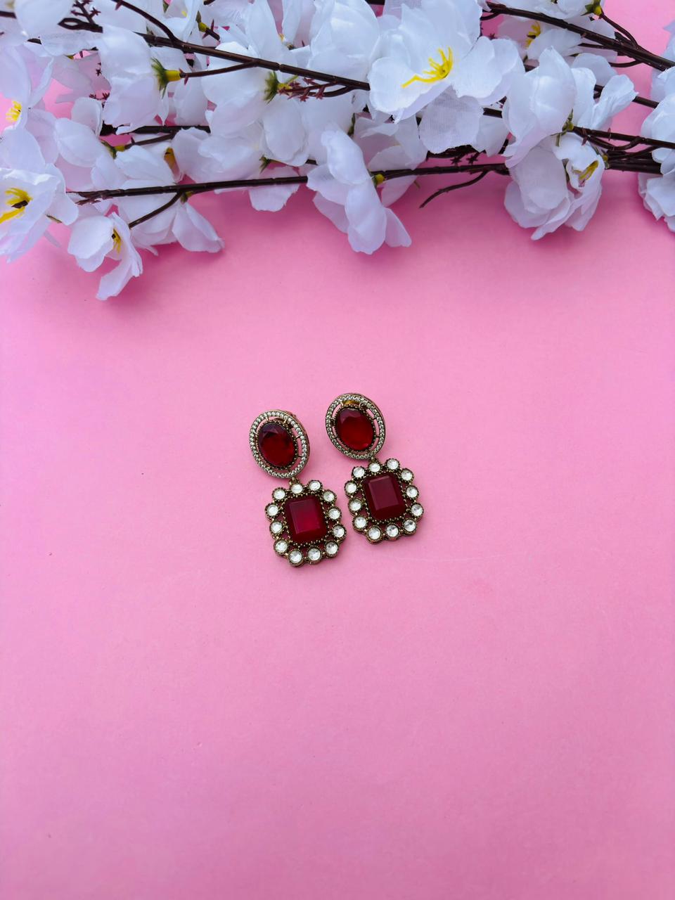 Gold Plated Rectangle Stone Drop Earrings - Image 2