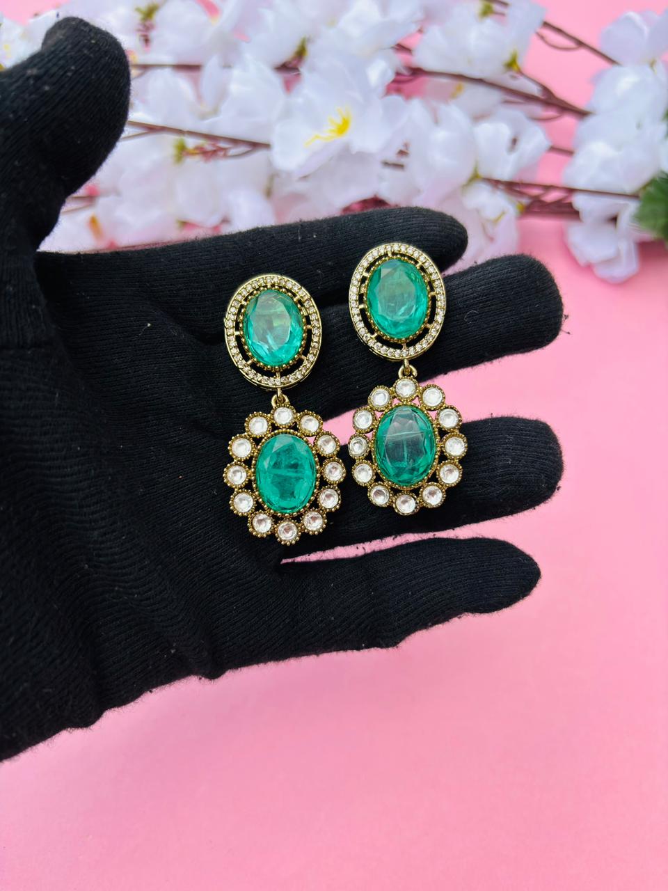 Gold Plated Oval Stone Drop Earrings - Image 3