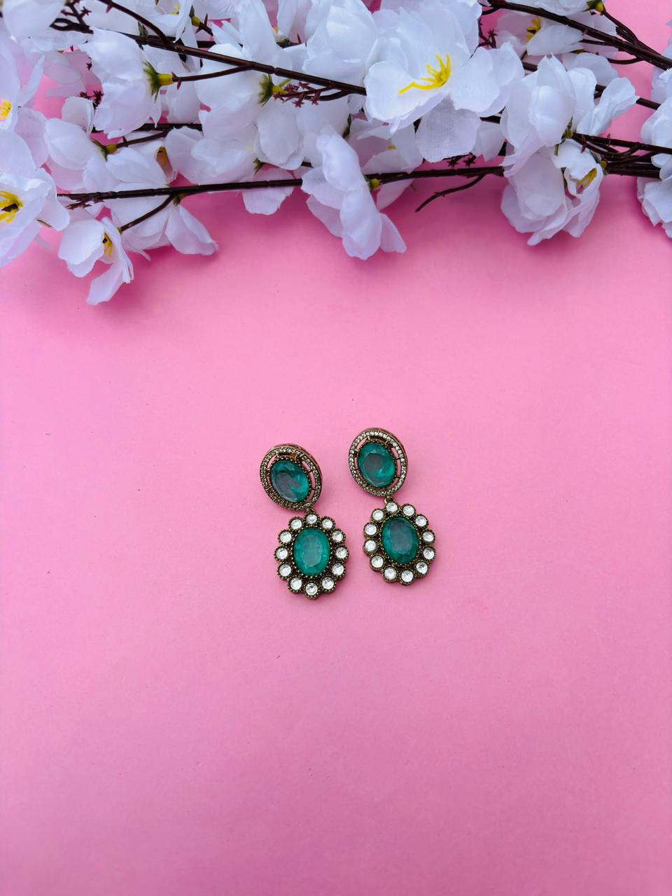 Gold Plated Oval Stone Drop Earrings - Image 2