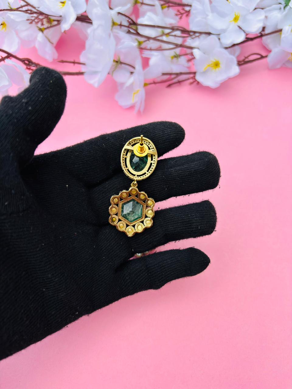 Gold Plated Hexagon Stone Drop Earrings - Image 6