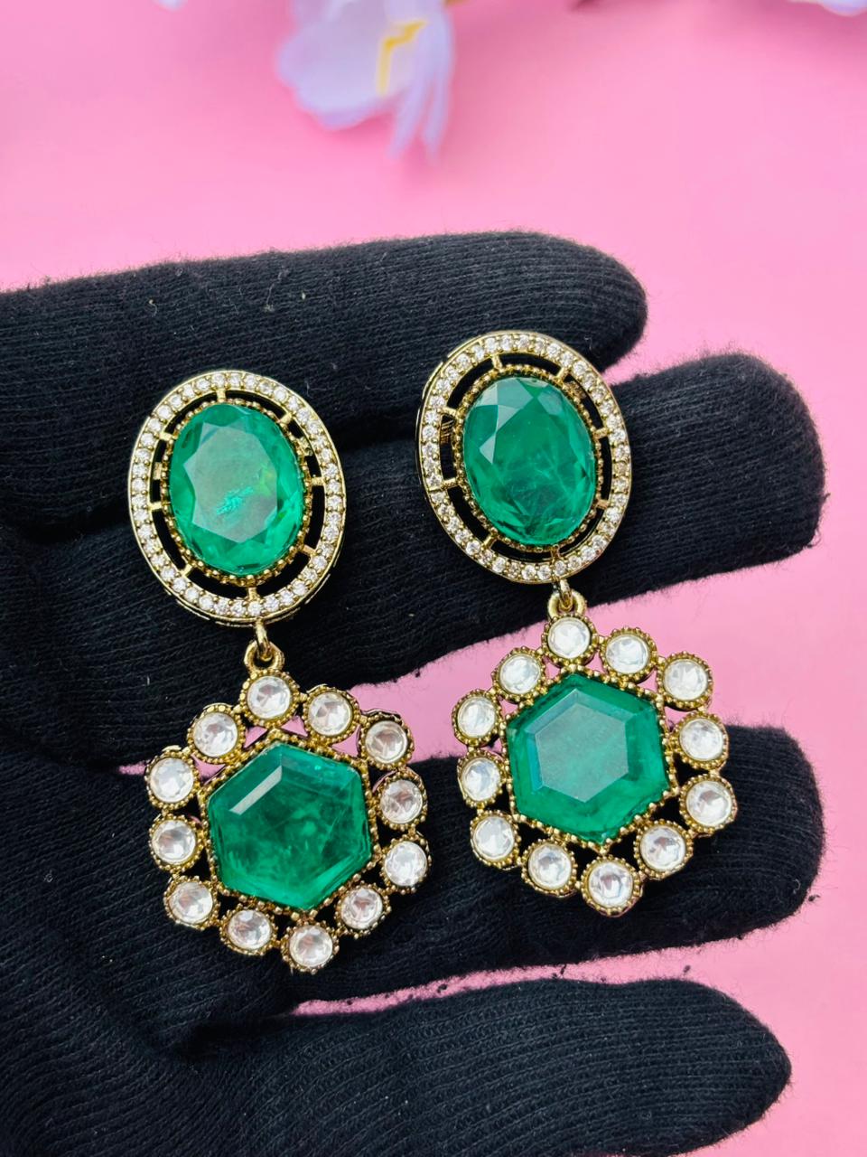 Gold Plated Hexagon Stone Drop Earrings - Image 5
