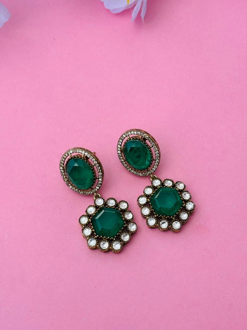 Gold Plated Hexagon Stone Drop Earrings - Image 4