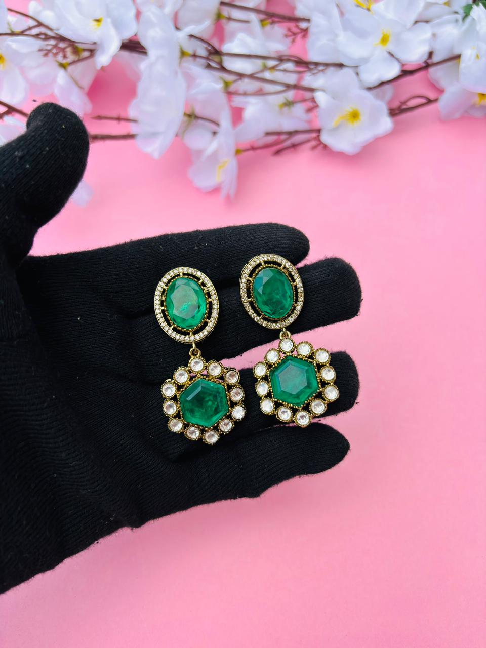 Gold Plated Hexagon Stone Drop Earrings - Image 3