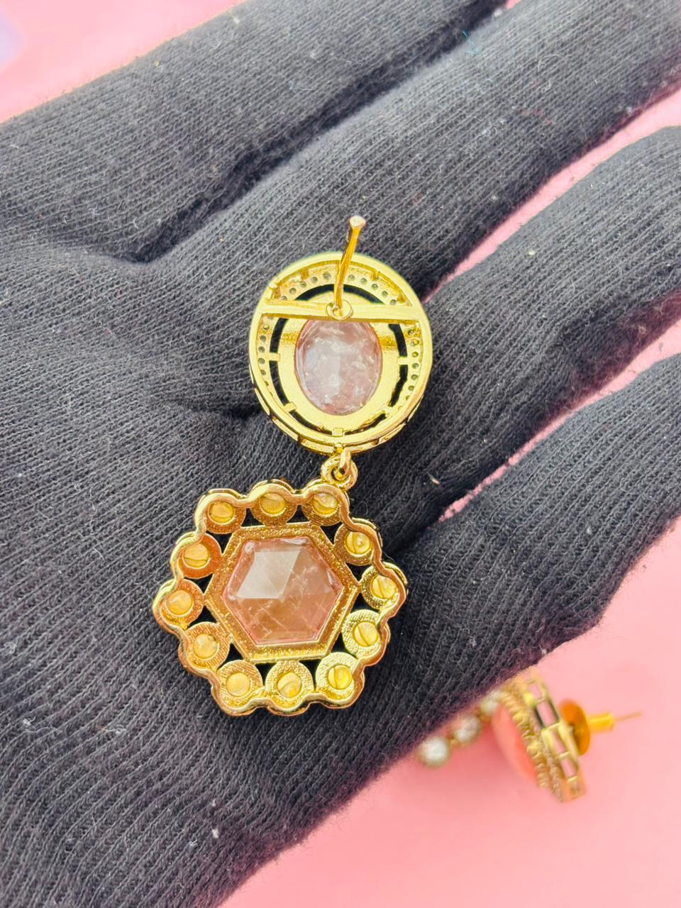 Gold Plated Hexagon Stone Drop Earrings - Image 7