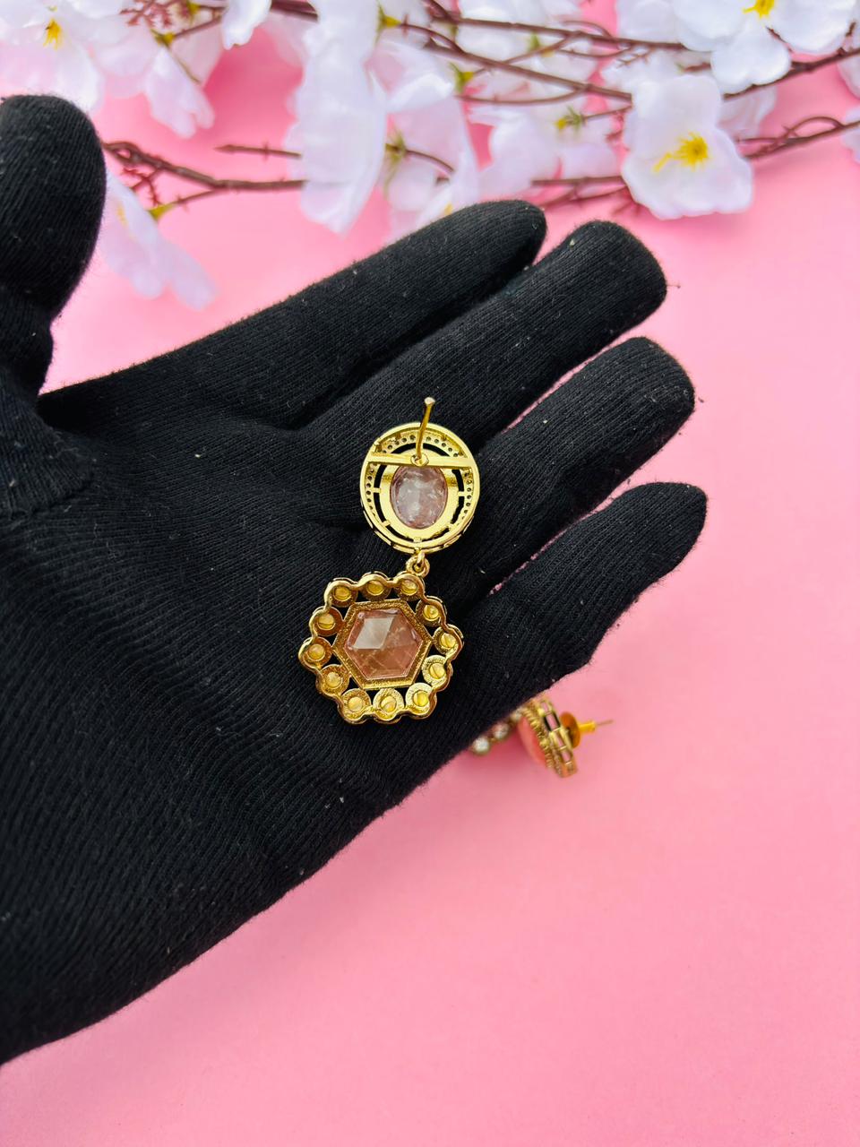 Gold Plated Hexagon Stone Drop Earrings - Image 6