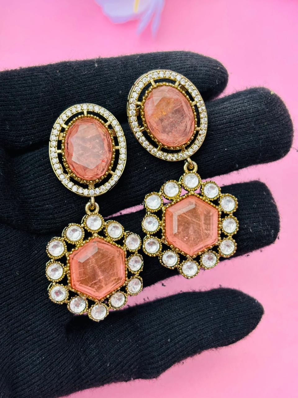 Gold Plated Hexagon Stone Drop Earrings - Image 5