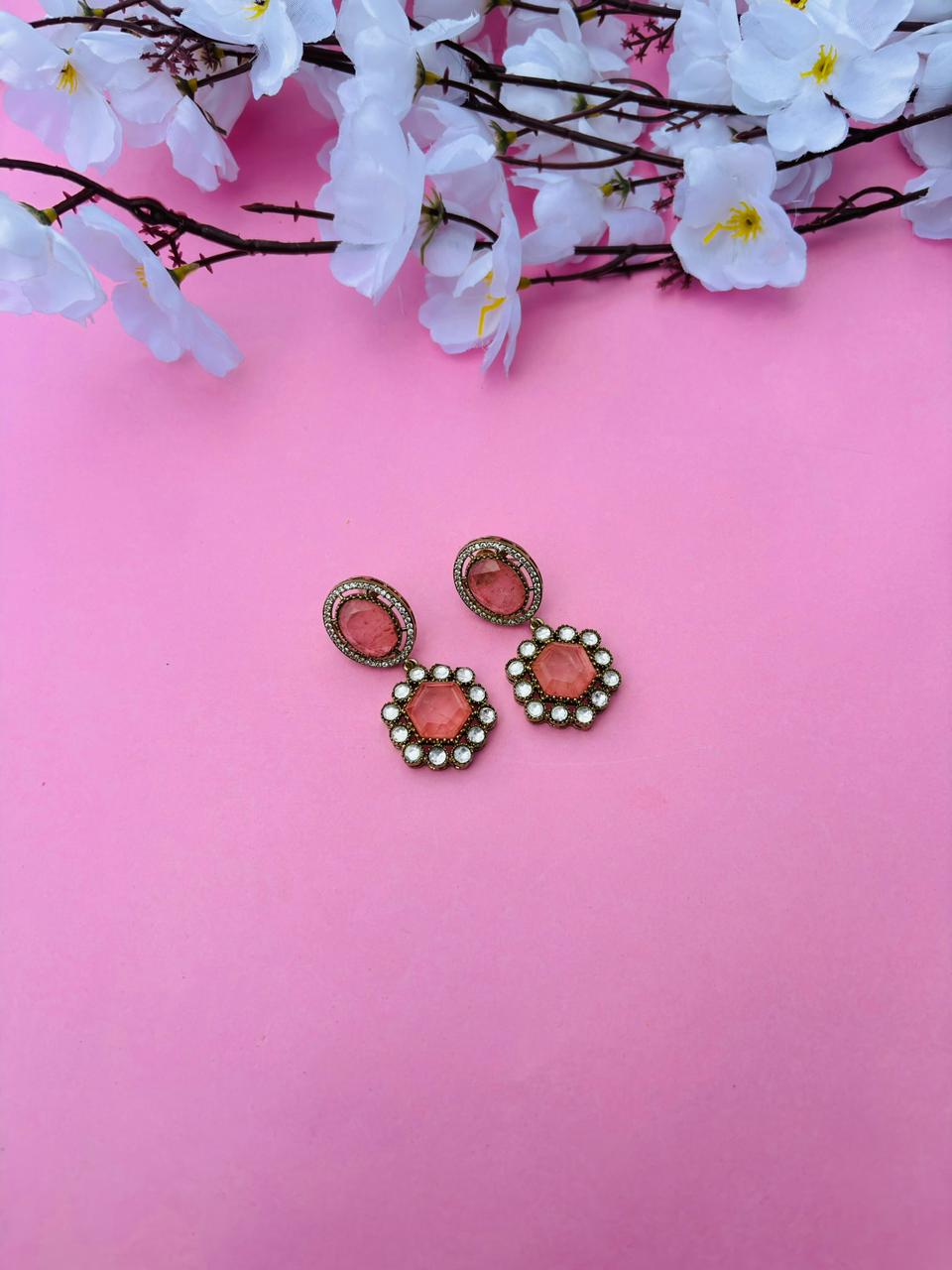 Gold Plated Hexagon Stone Drop Earrings - Image 2