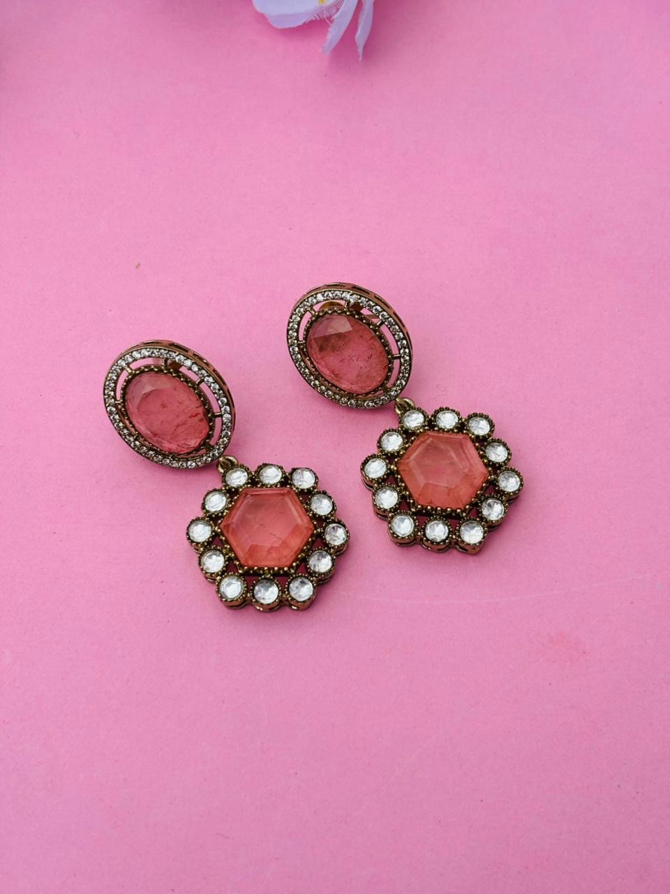 Gold Plated Hexagon Stone Drop Earrings - Image 4