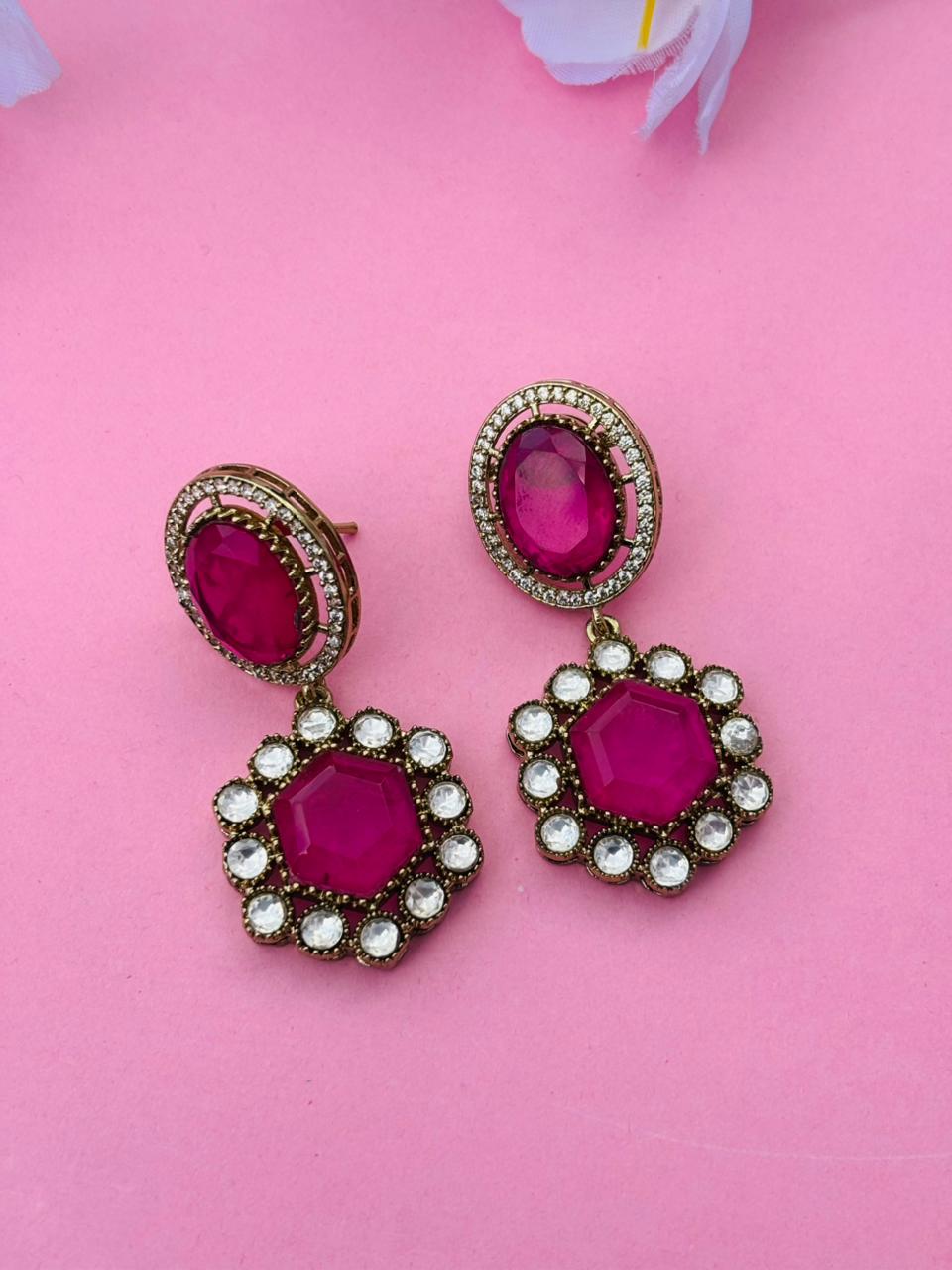 Gold Plated Hexagon Stone Drop Earrings - Image 4