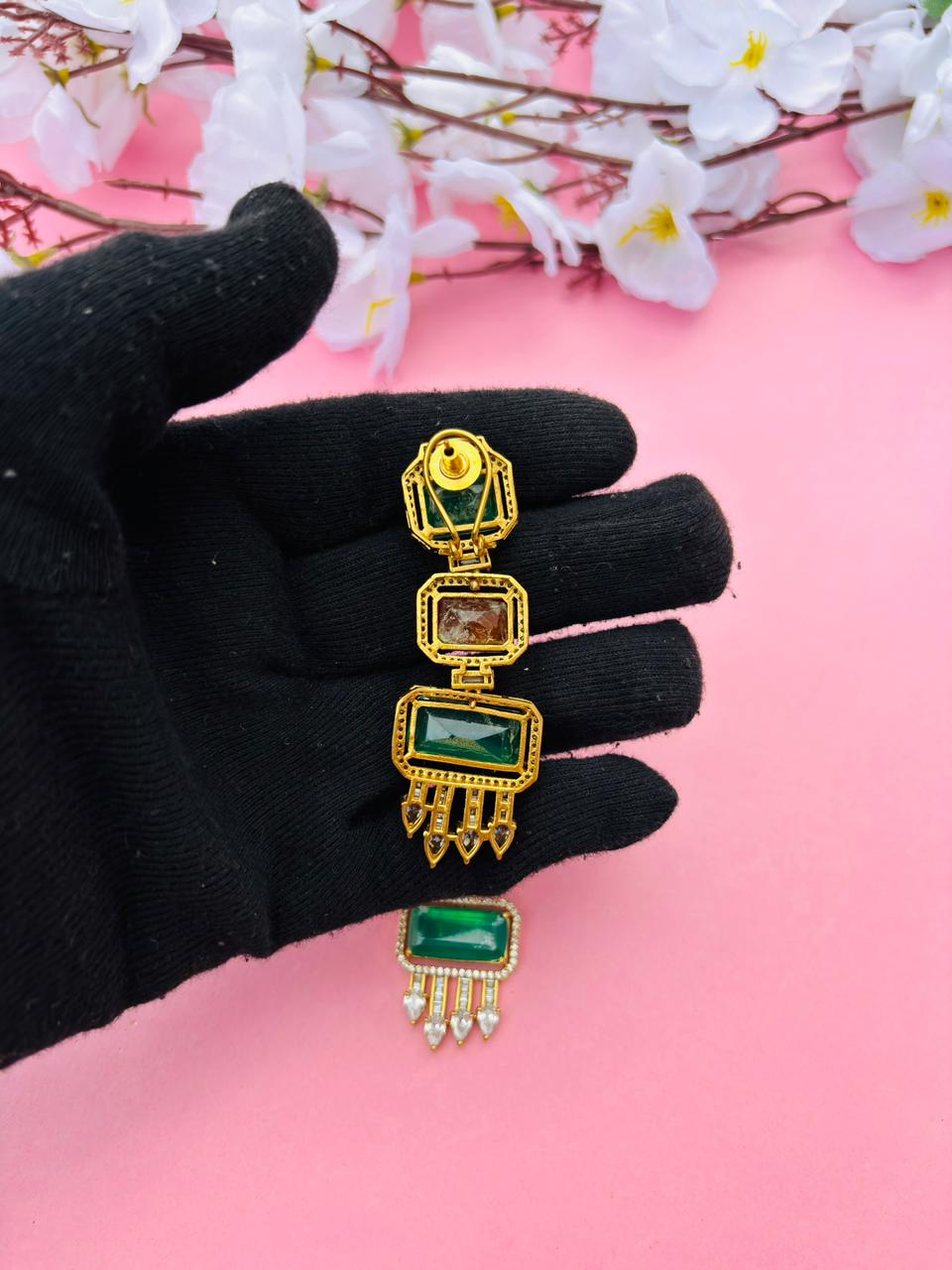 Gold Plated Emerald Cut Long Drop Earrings with CZ Studs - Image 6