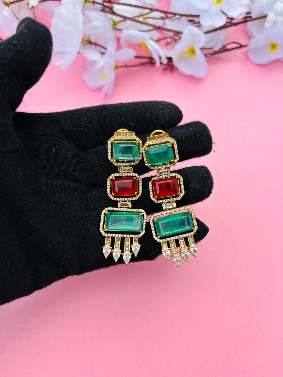 Gold Plated Emerald Cut Long Drop Earrings with CZ Studs - Image 3