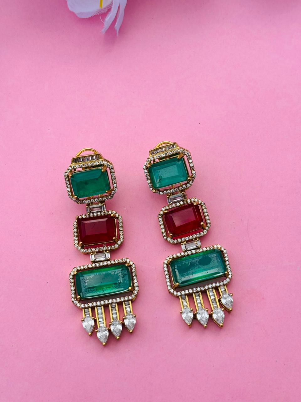 Gold Plated Emerald Cut Long Drop Earrings with CZ Studs - Image 4