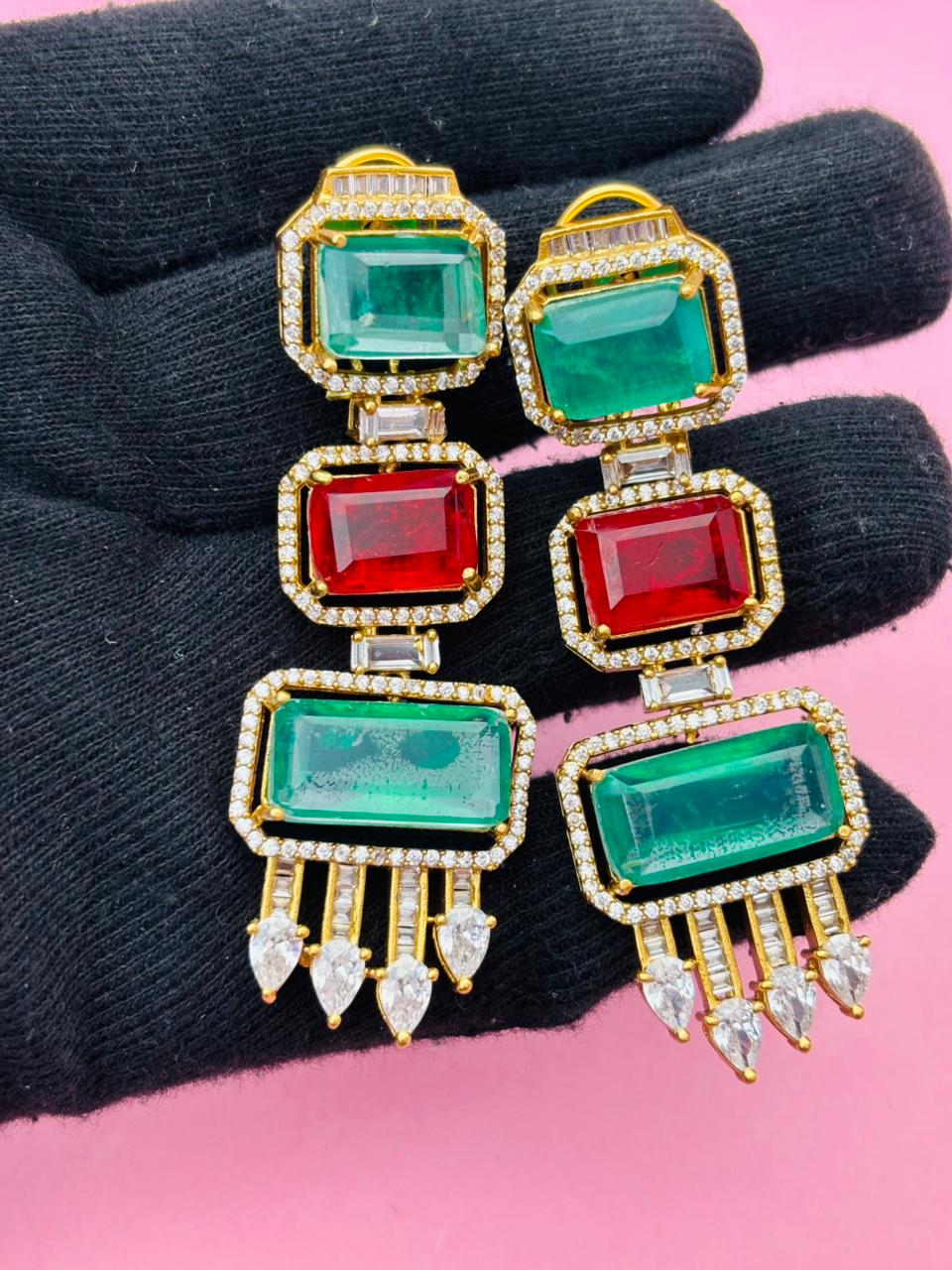 Gold Plated Emerald Cut Long Drop Earrings with CZ Studs - Image 5