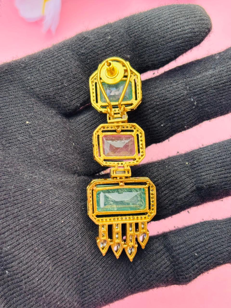 Gold Plated Emerald Cut Long Drop Earrings with CZ Studs - Image 7