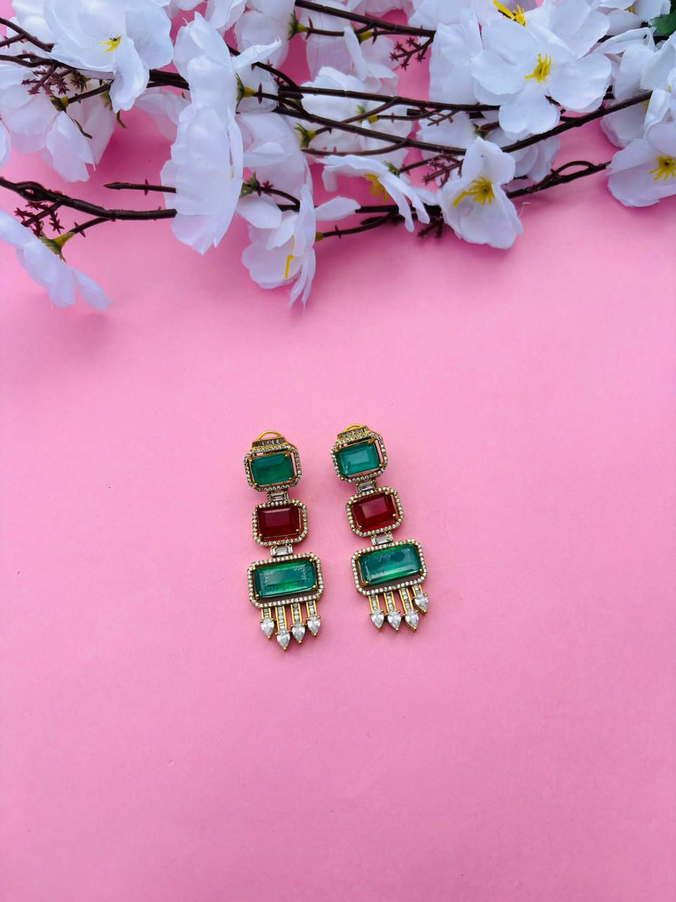 Gold Plated Emerald Cut Long Drop Earrings with CZ Studs - Image 2