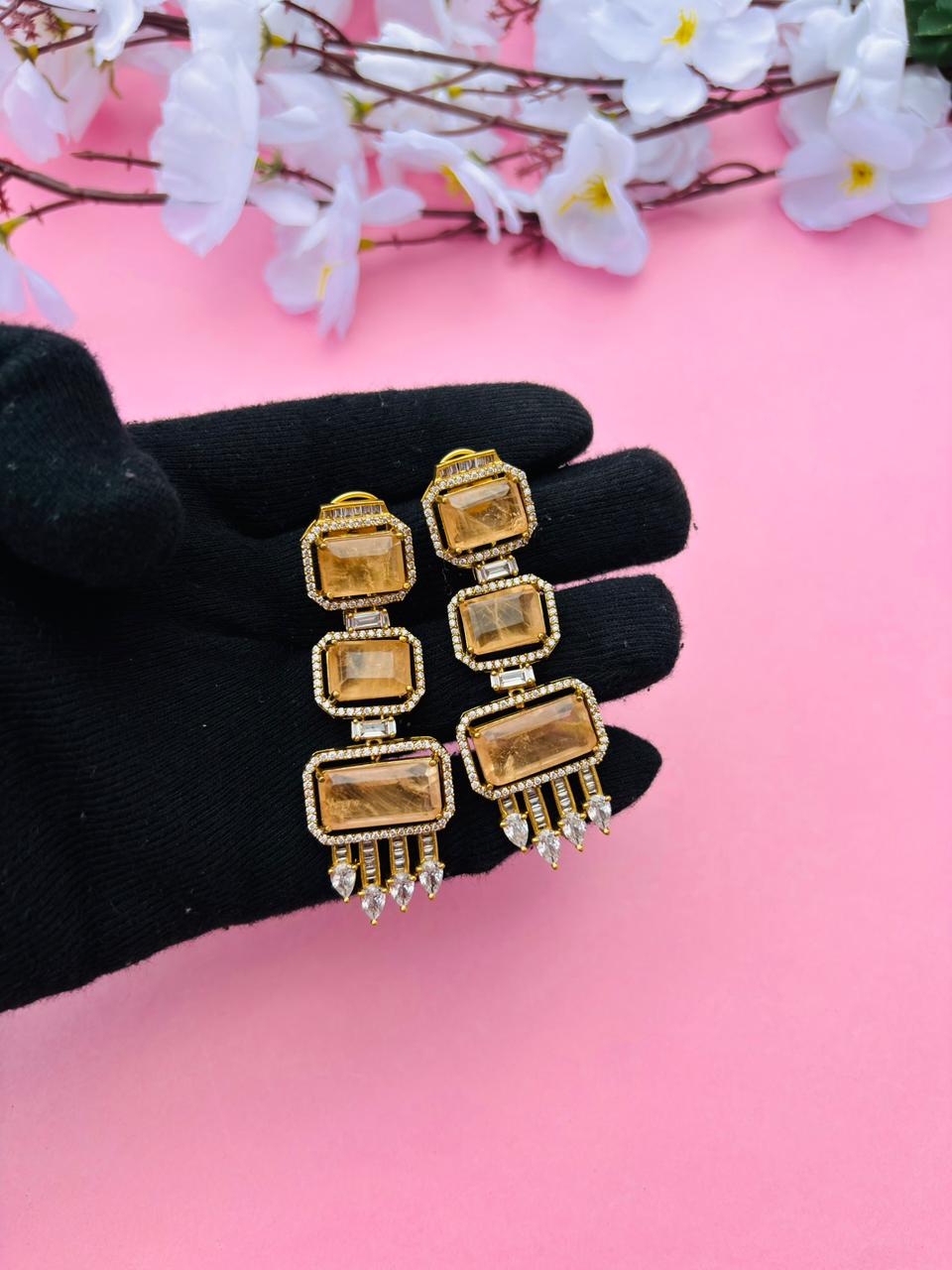 Gold Plated Emerald Cut Long Drop Earrings with CZ Studs - Image 3