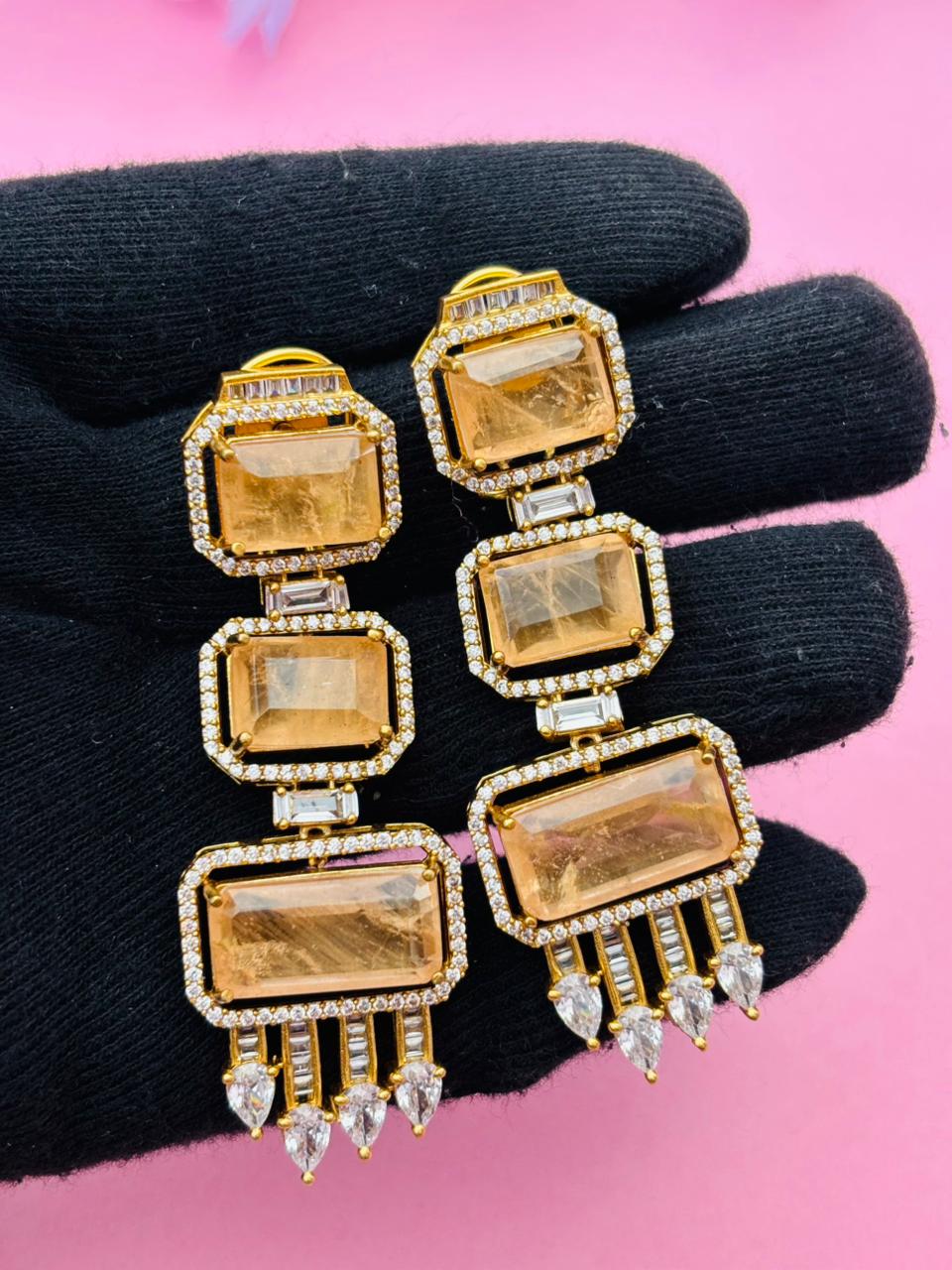 Gold Plated Emerald Cut Long Drop Earrings with CZ Studs - Image 4