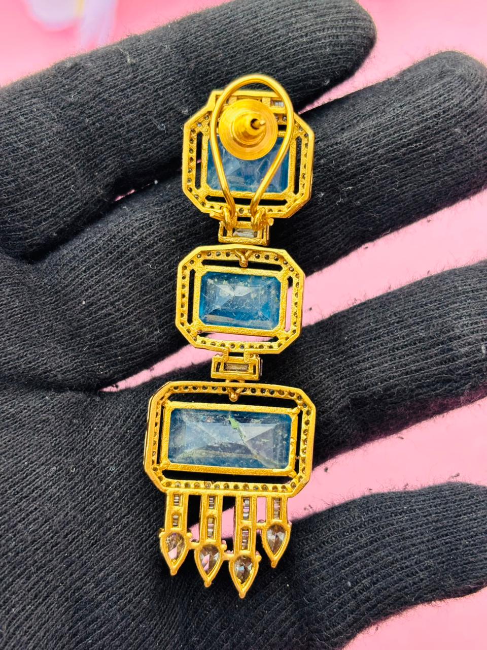 Gold Plated Emerald Cut Long Drop Earrings with CZ Studs - Image 7