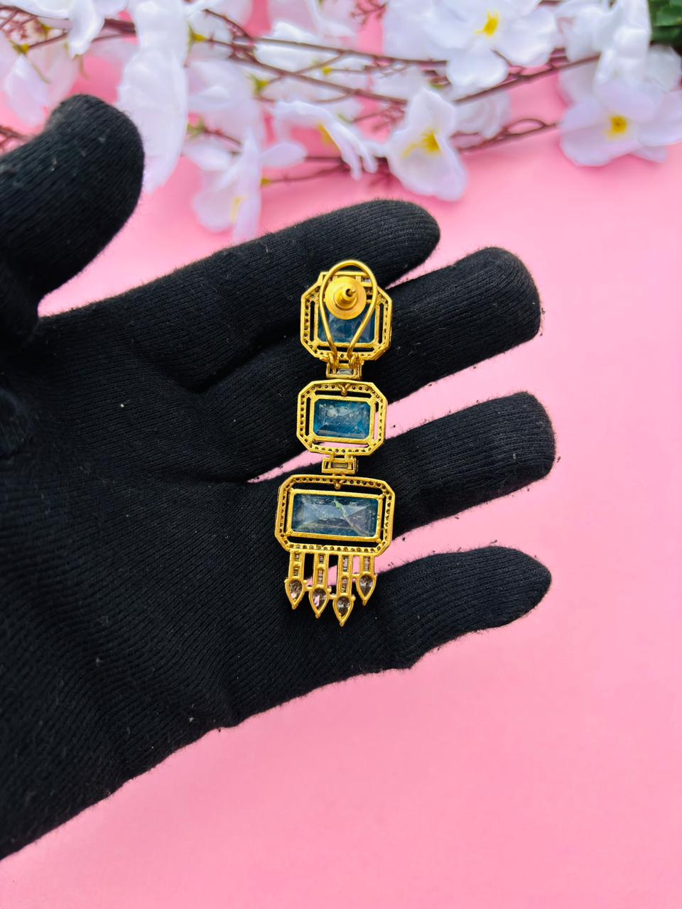 Gold Plated Emerald Cut Long Drop Earrings with CZ Studs - Image 6