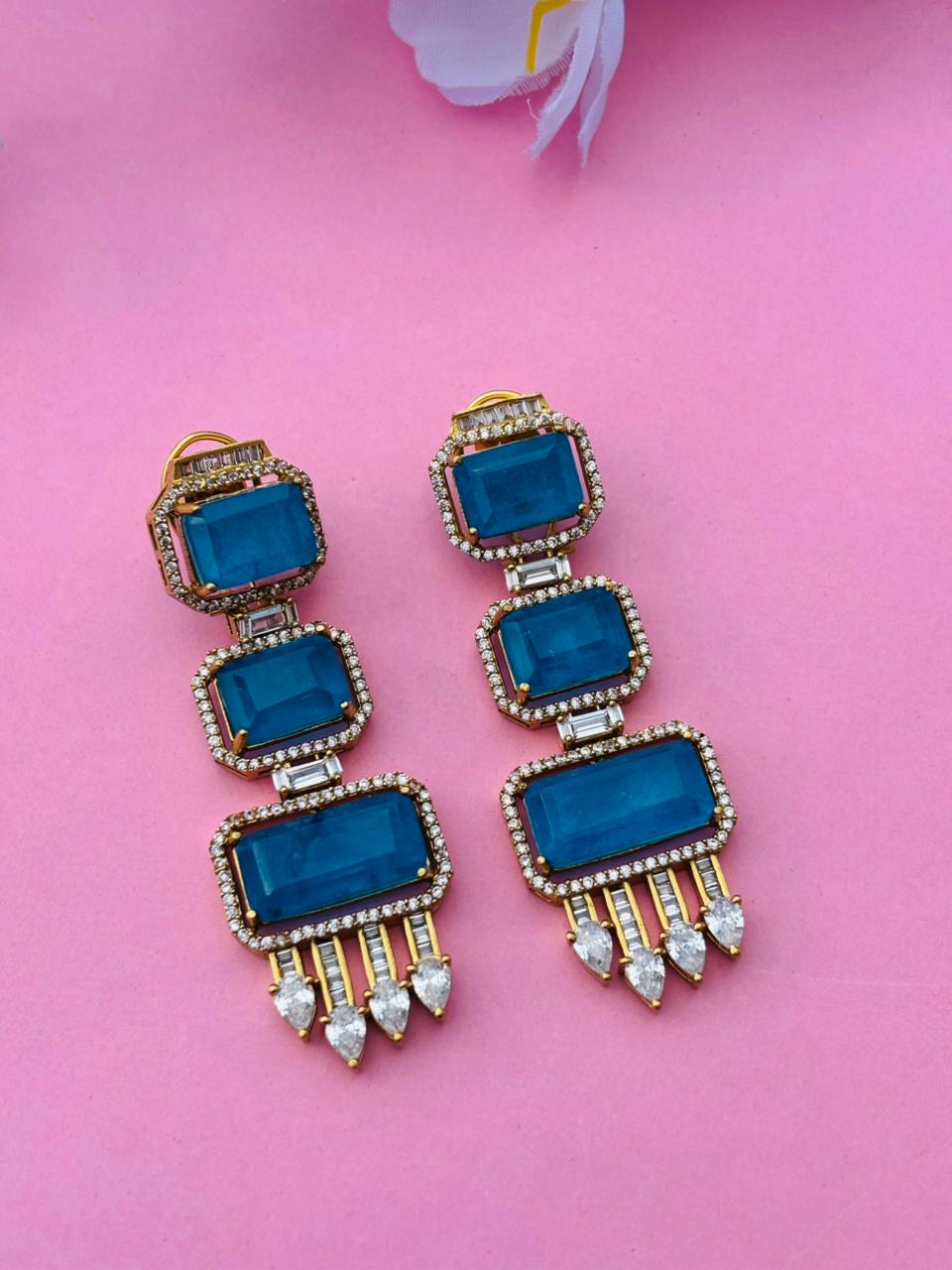 Gold Plated Emerald Cut Long Drop Earrings with CZ Studs - Image 5
