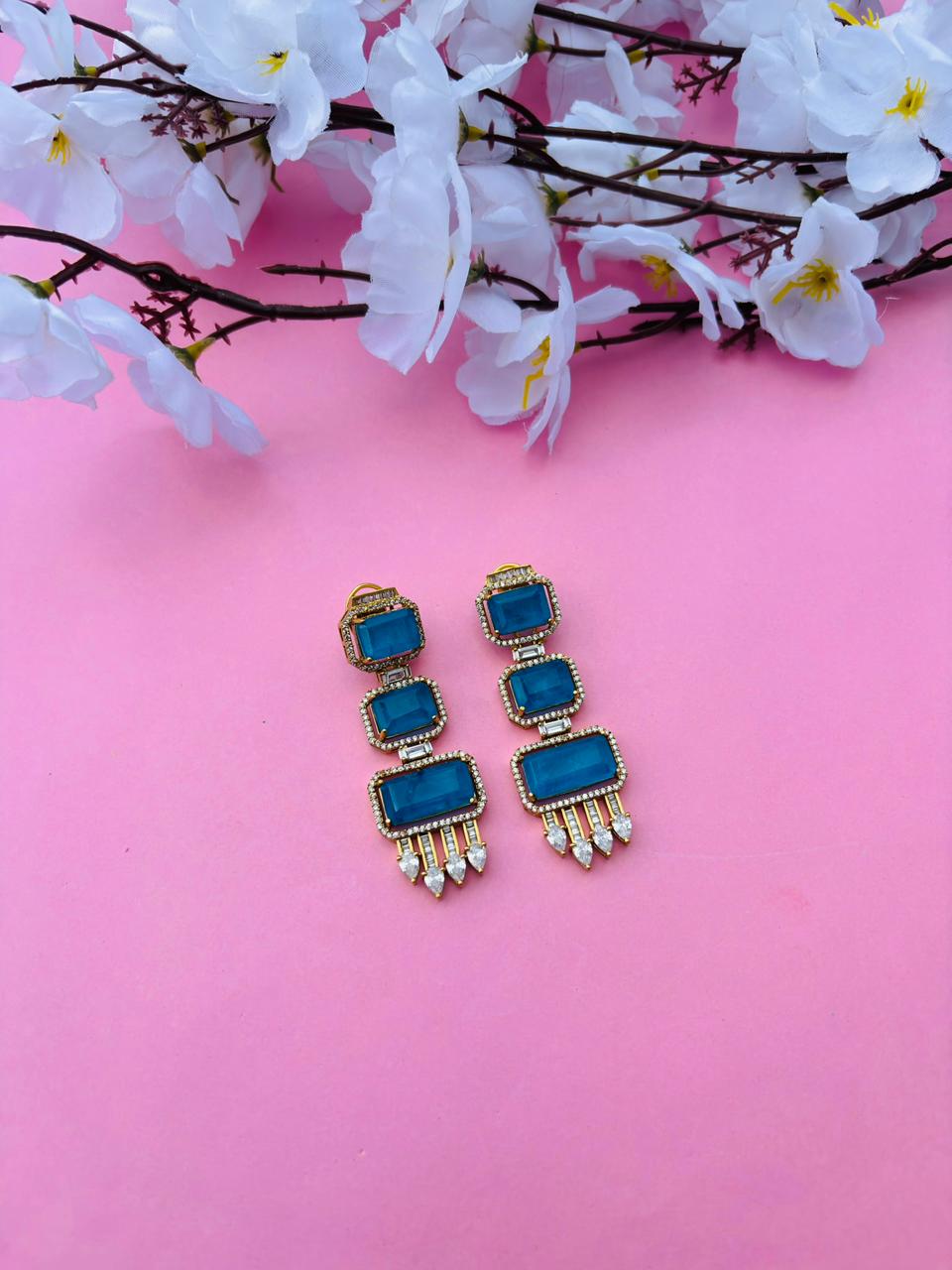 Gold Plated Emerald Cut Long Drop Earrings with CZ Studs - Image 2