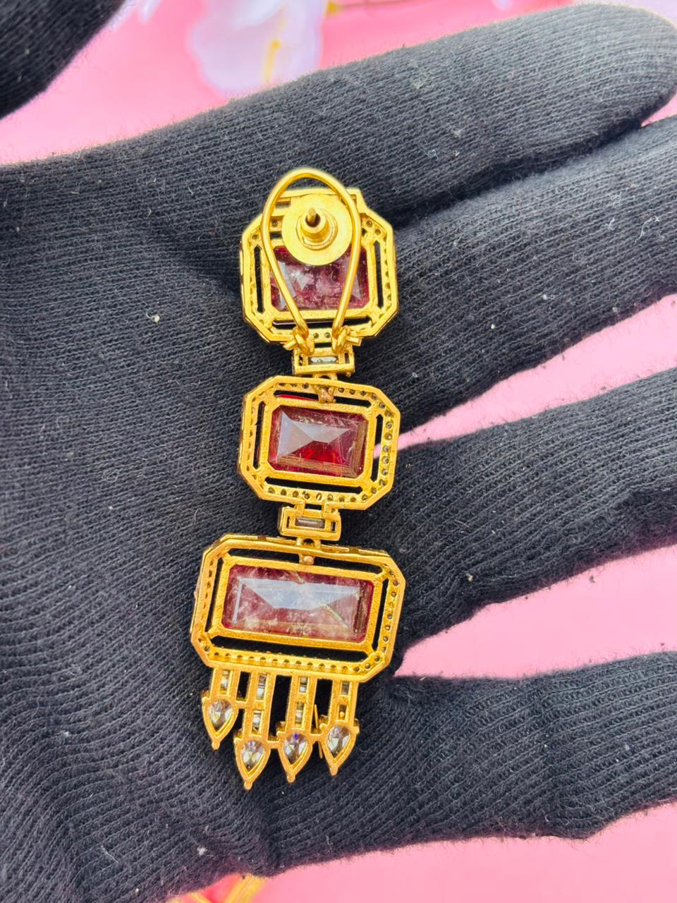 Gold Plated Emerald Cut Long Drop Earrings with CZ Studs - Image 7