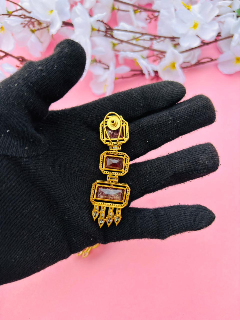Gold Plated Emerald Cut Long Drop Earrings with CZ Studs - Image 6