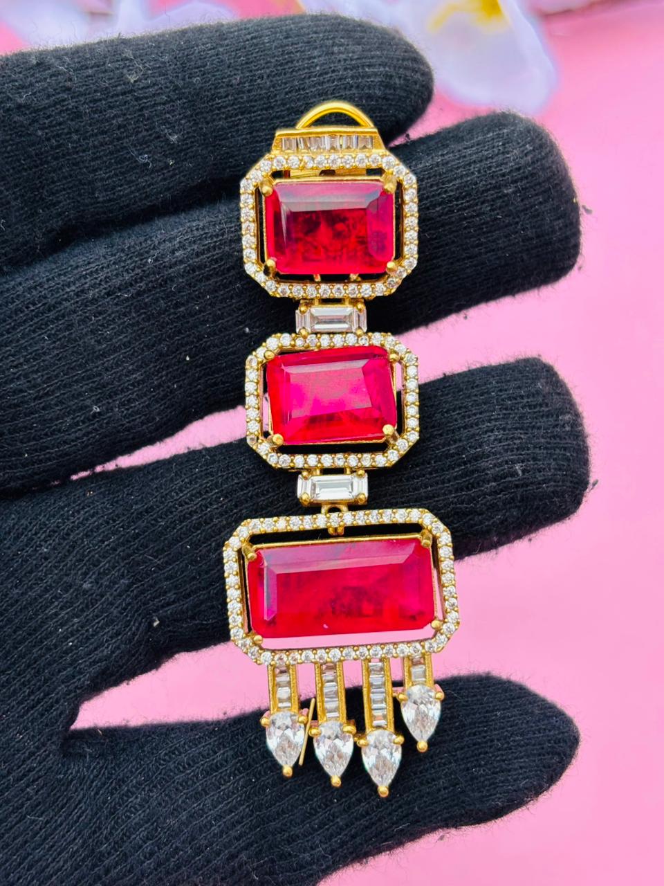 Gold Plated Emerald Cut Long Drop Earrings with CZ Studs - Image 5