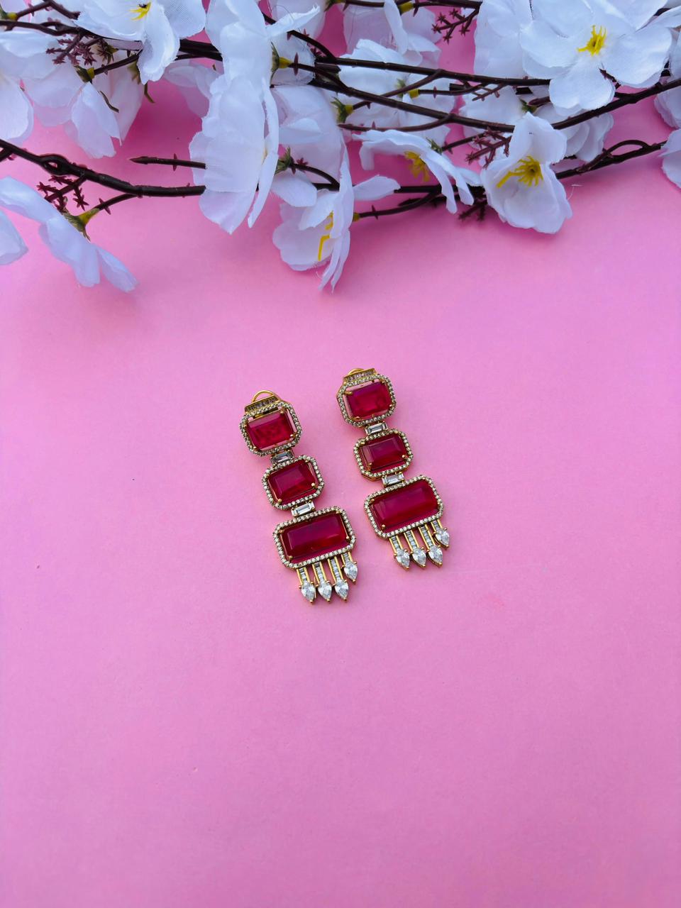 Gold Plated Emerald Cut Long Drop Earrings with CZ Studs - Image 2