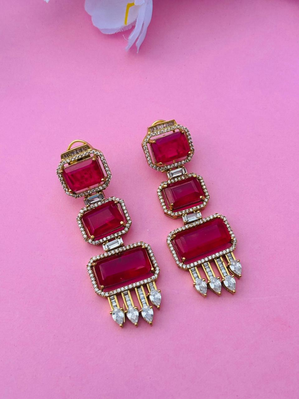 Gold Plated Emerald Cut Long Drop Earrings with CZ Studs - Image 4