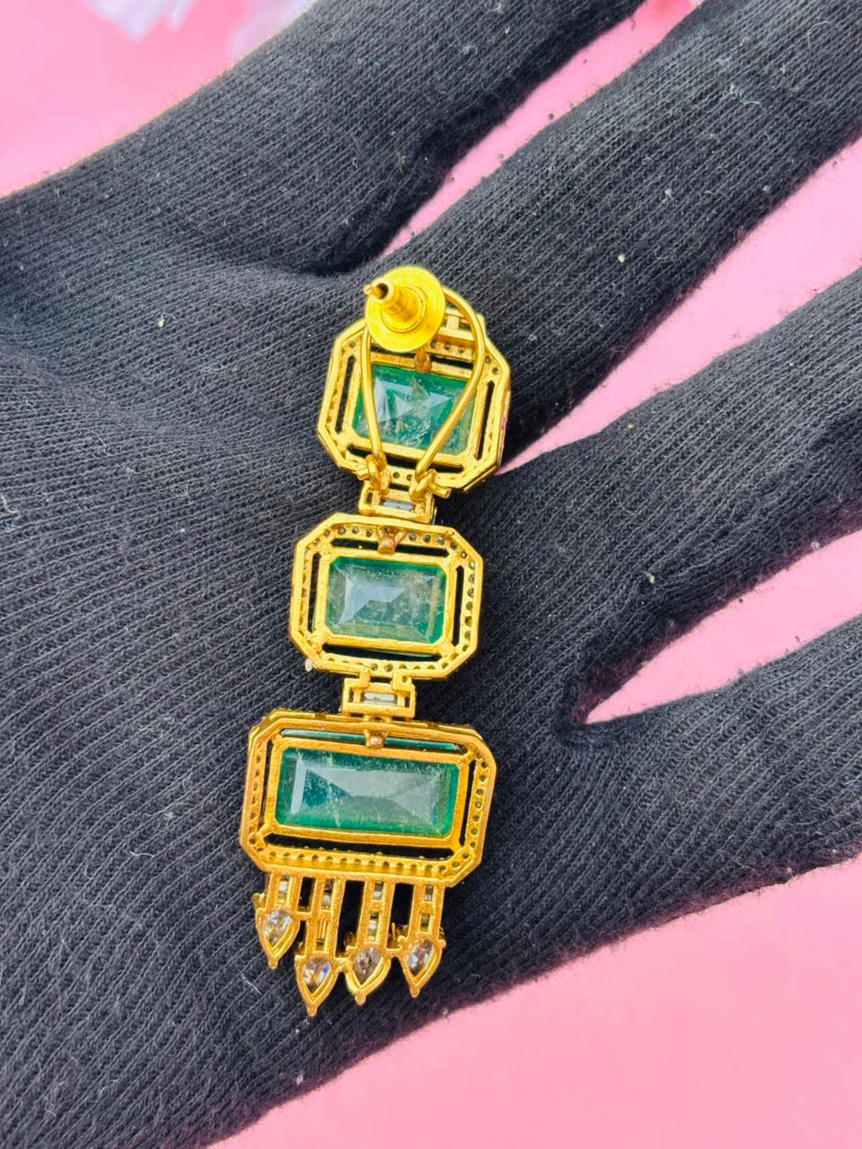 Gold Plated Emerald Cut Long Drop Earrings with CZ Studs - Image 7