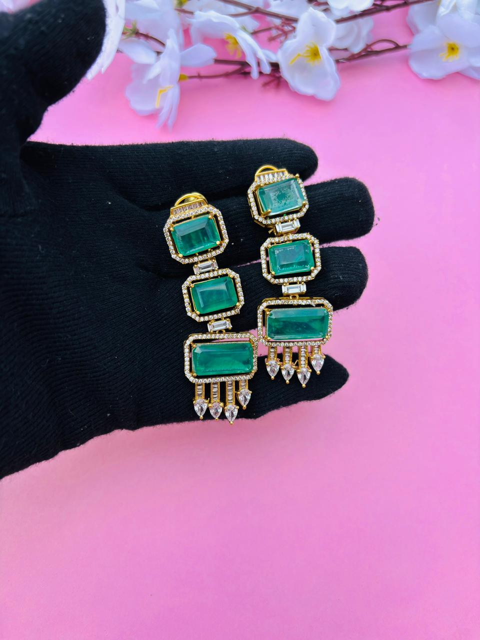 Gold Plated Emerald Cut Long Drop Earrings with CZ Studs - Image 3