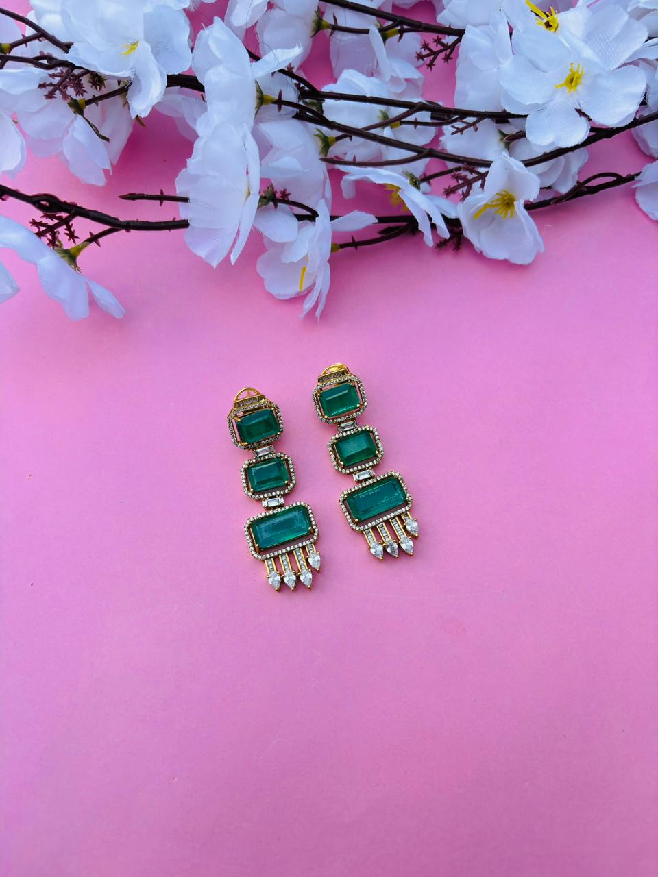 Gold Plated Emerald Cut Long Drop Earrings with CZ Studs - Image 2