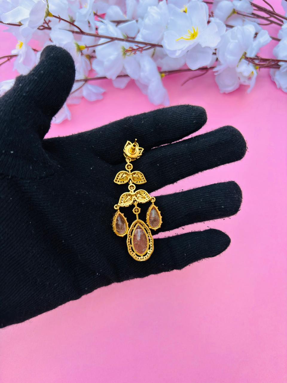 Gold Plated Kundan Floral Pear Drop Earrings - Image 6