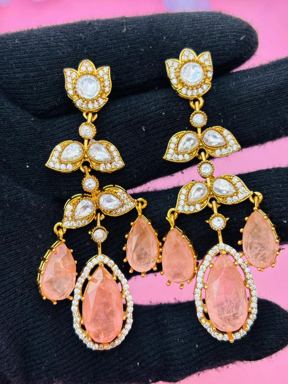 Gold Plated Kundan Floral Pear Drop Earrings - Image 5