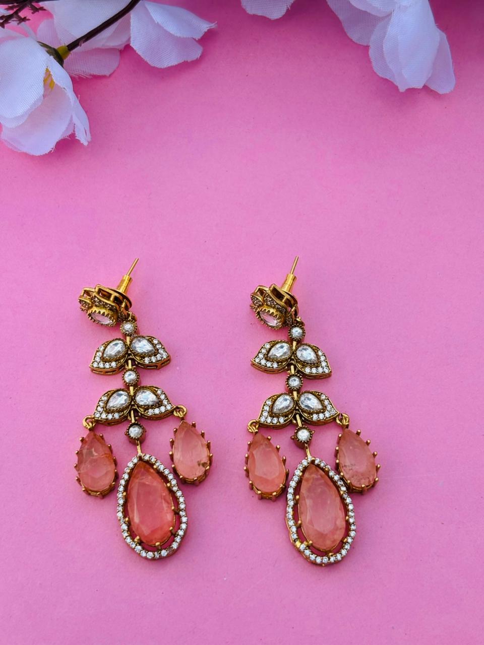 Gold Plated Kundan Floral Pear Drop Earrings - Image 4