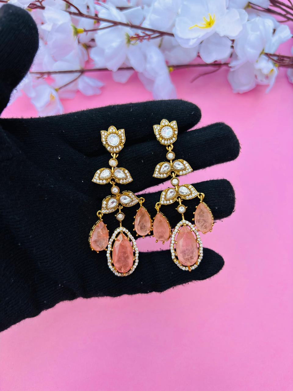 Gold Plated Kundan Floral Pear Drop Earrings - Image 3