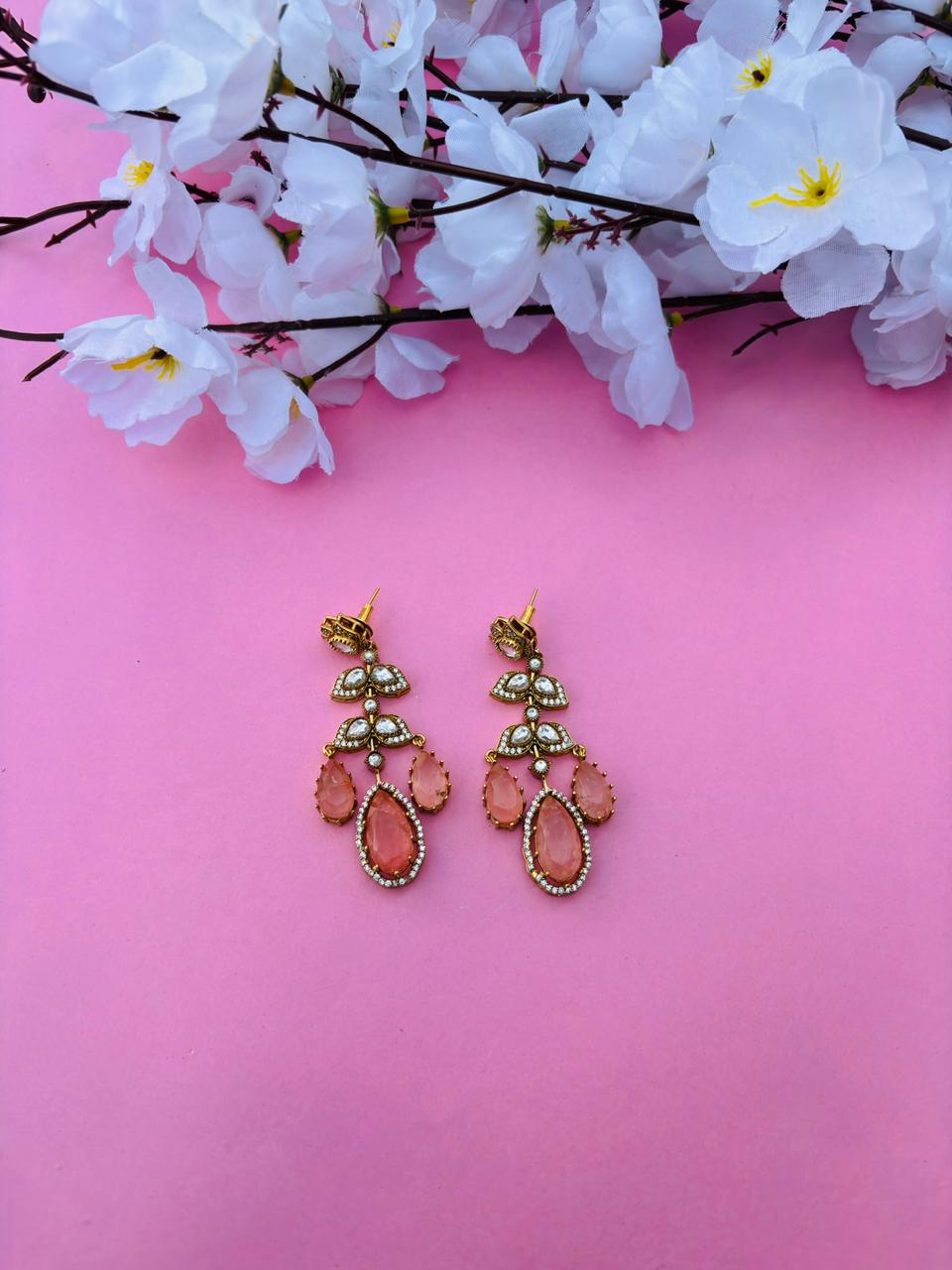 Gold Plated Kundan Floral Pear Drop Earrings - Image 2