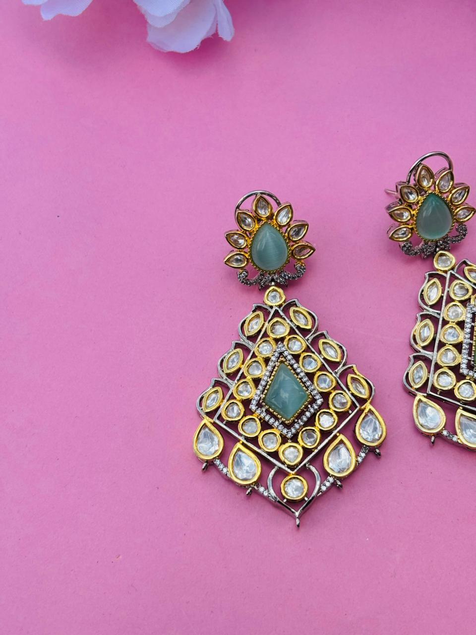 Two-Tone Kundan Polki Kite-Shaped Drop Earrings with Mint Stone - Image 4