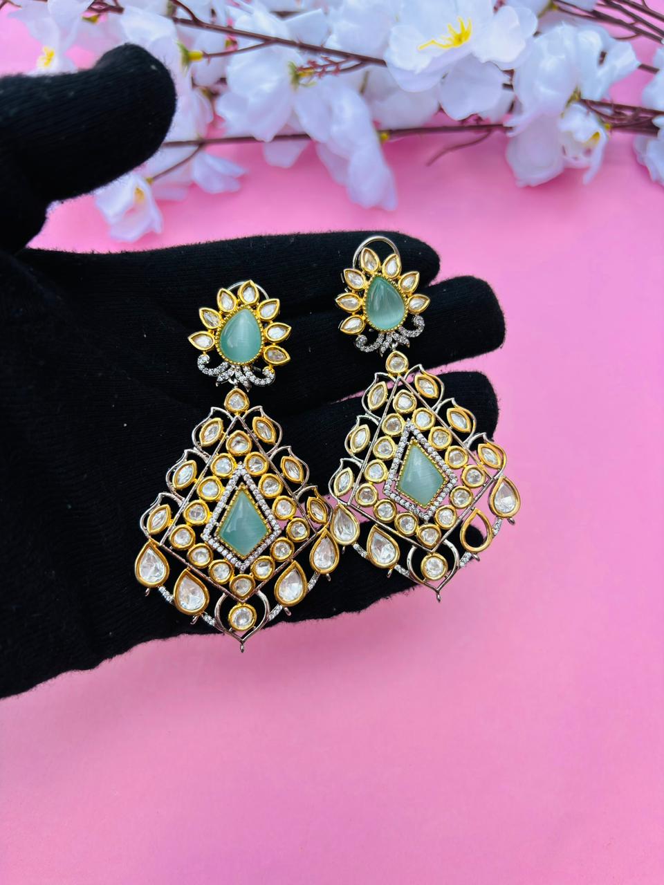 Two-Tone Kundan Polki Kite-Shaped Drop Earrings with Mint Stone - Image 3
