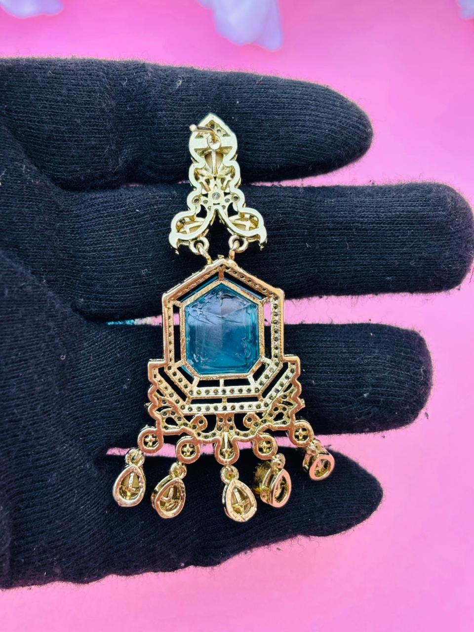 Gold Plated Blue Stone Chandelier Earrings for Women, Wedding Wear - Image 7