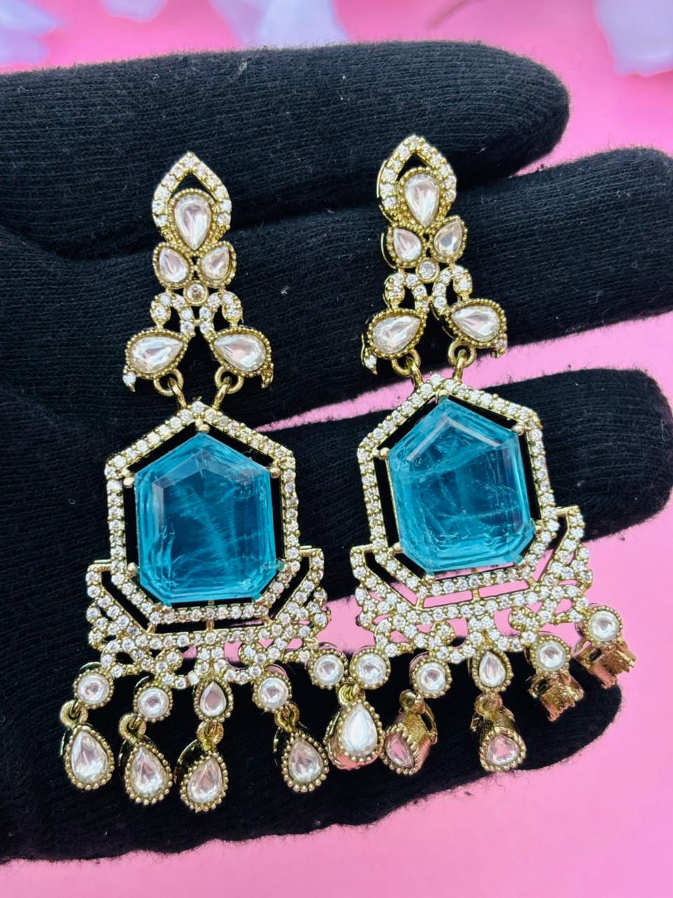 Gold Plated Blue Stone Chandelier Earrings for Women, Wedding Wear - Image 5