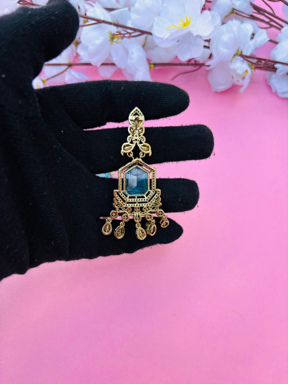 Gold Plated Blue Stone Chandelier Earrings for Women, Wedding Wear - Image 6