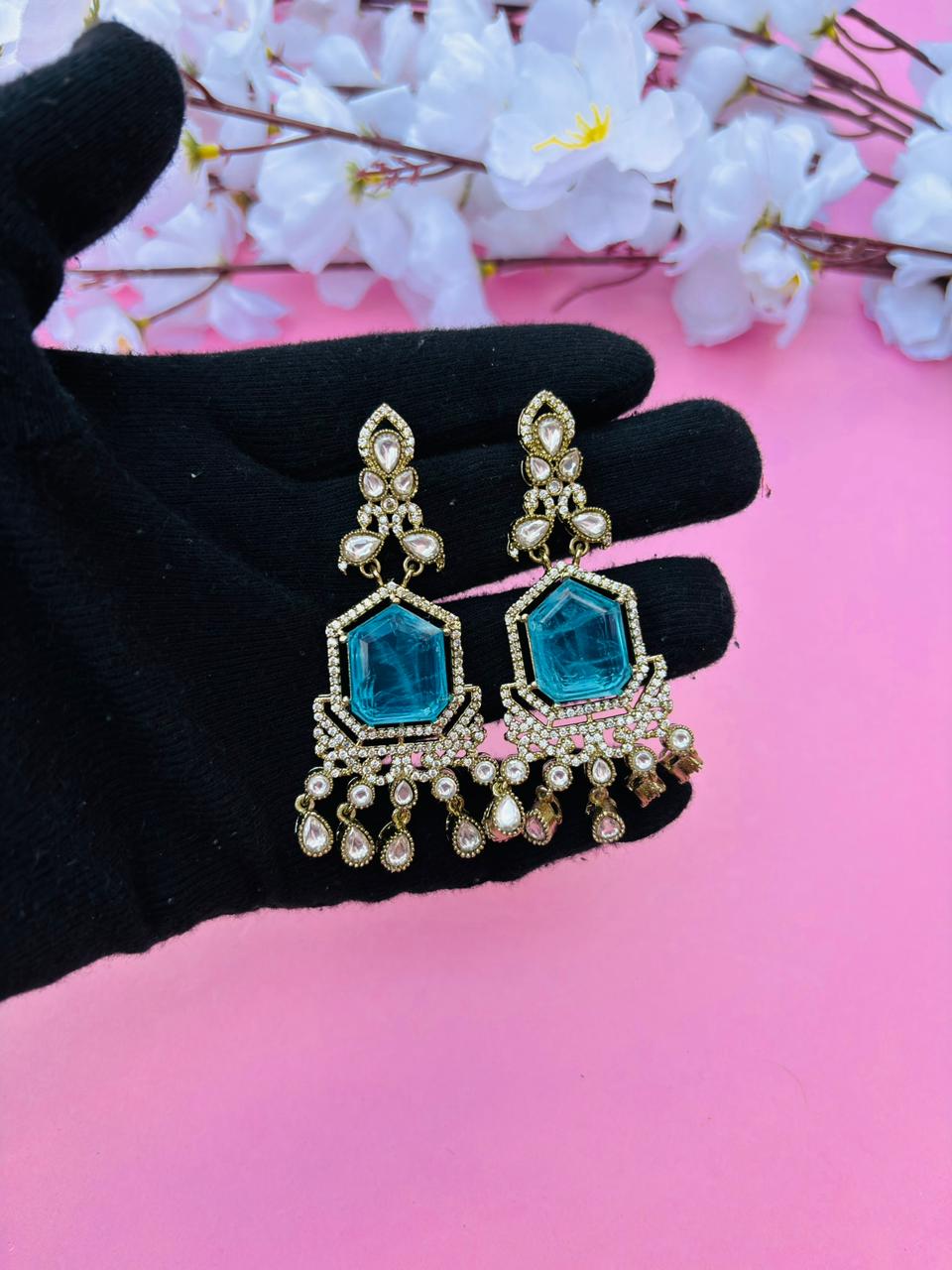 Gold Plated Blue Stone Chandelier Earrings for Women, Wedding Wear - Image 3