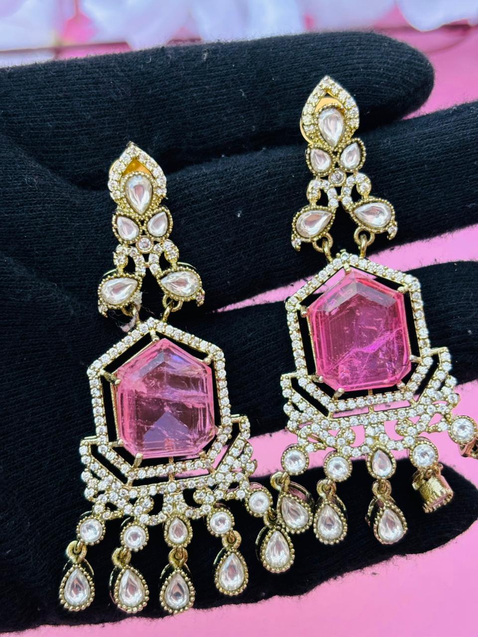 Gold Plated Pink Stone Chandelier Earrings for Women, Wedding Wear - Image 5