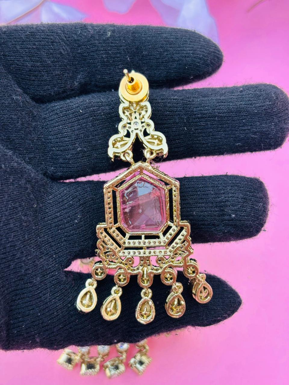 Gold Plated Pink Stone Chandelier Earrings for Women, Wedding Wear - Image 6