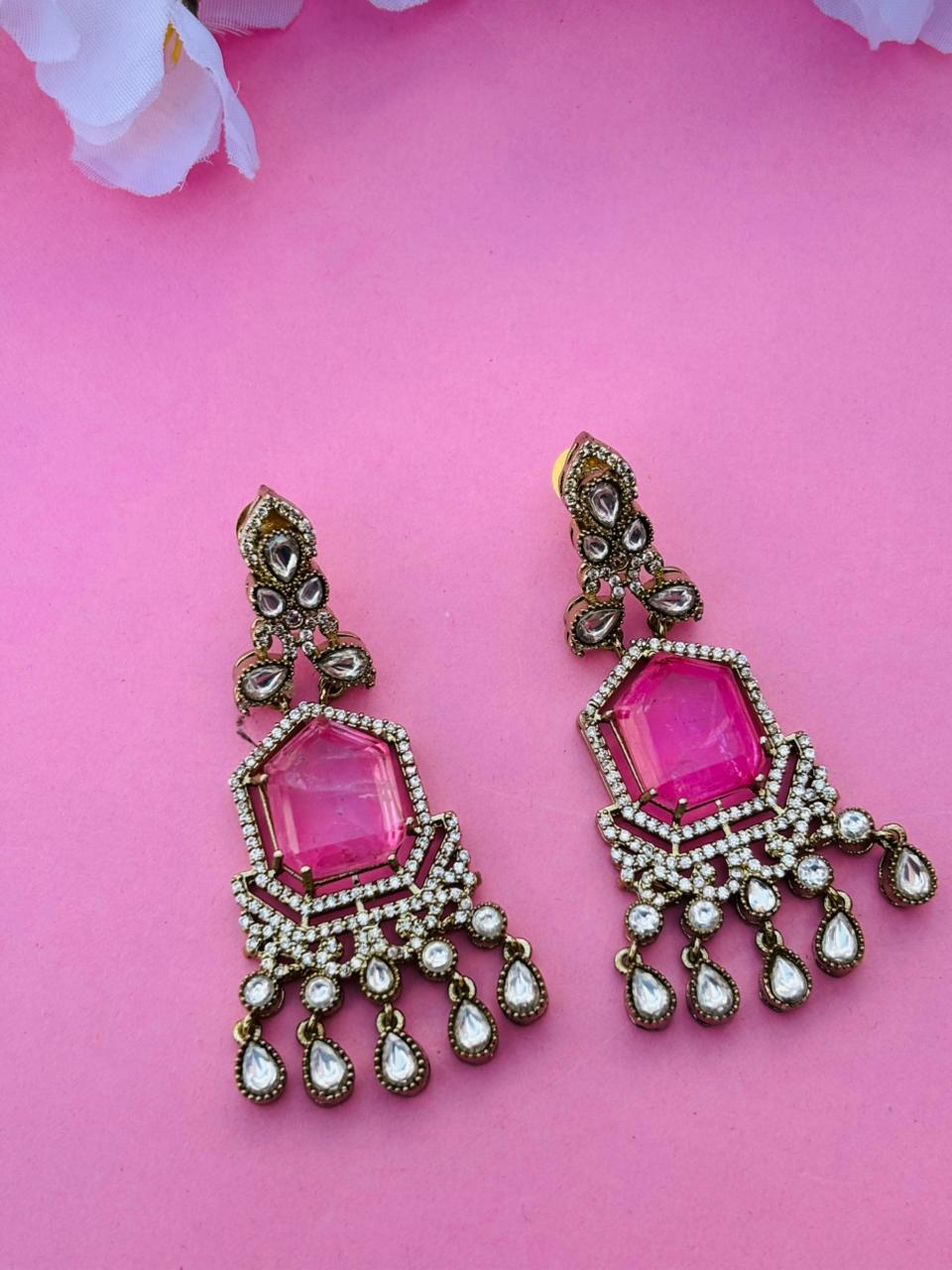 Gold Plated Pink Stone Chandelier Earrings for Women, Wedding Wear - Image 4