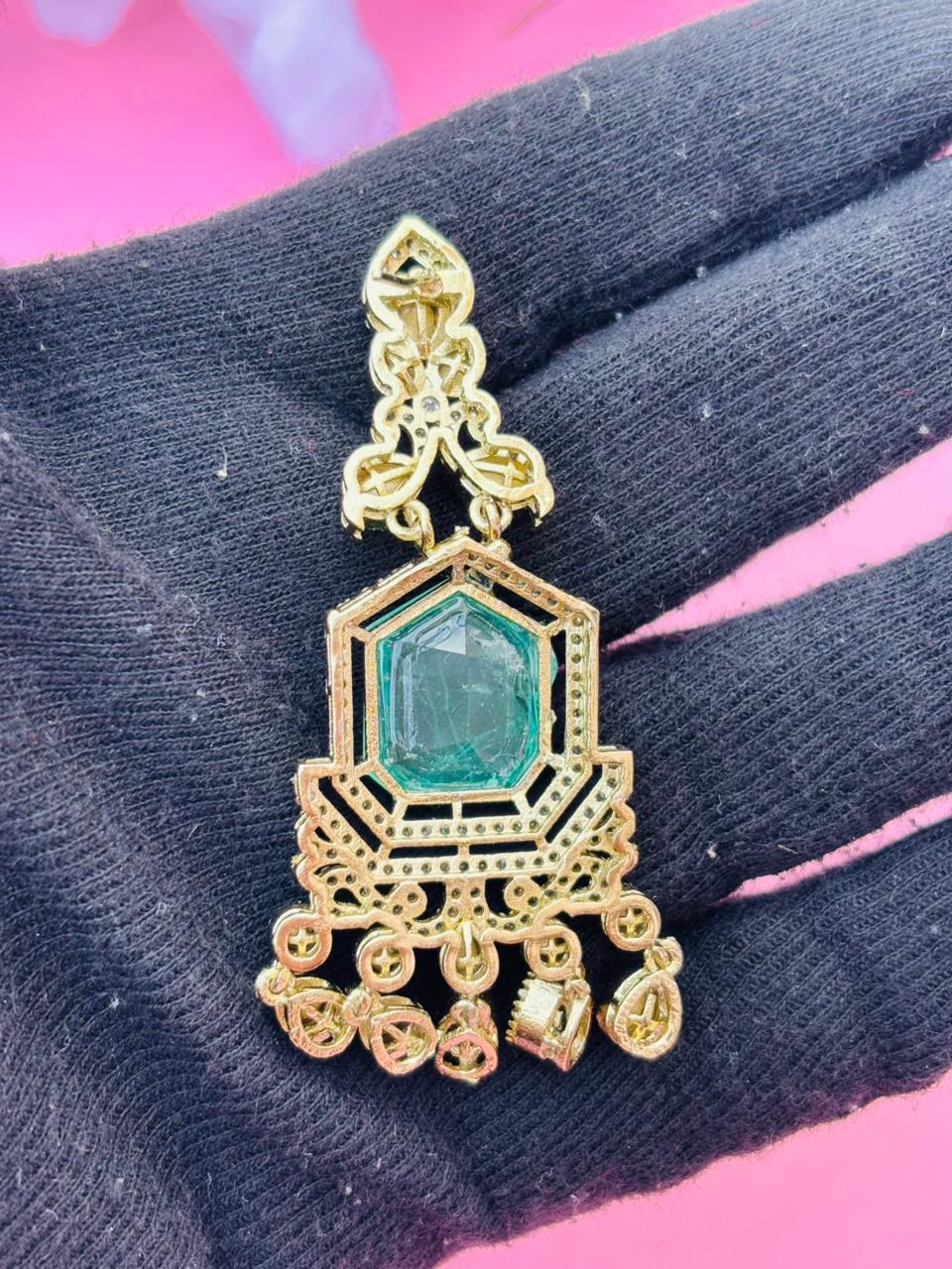Gold Plated Green Stone Chandelier Earrings for Women, Wedding Wear - Image 7
