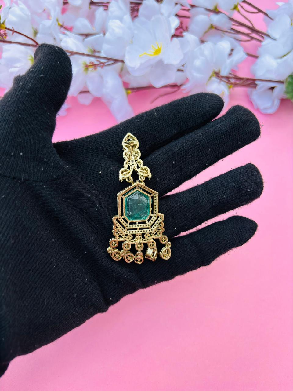 Gold Plated Green Stone Chandelier Earrings for Women, Wedding Wear - Image 6